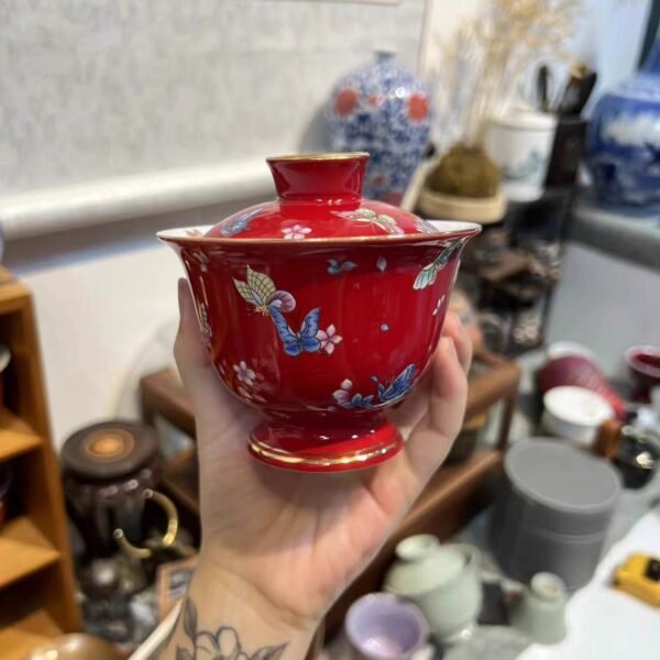 Butterfly and Flower Enamel Porcelain Gaiwan/Teabowl