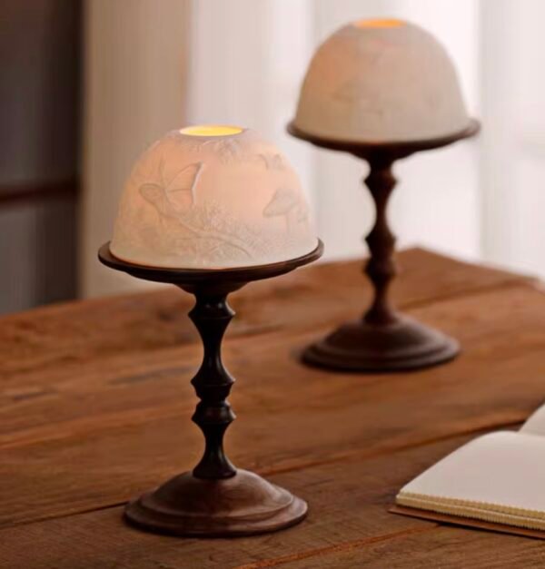 “Whispering Light” Bone China Relief Lamp with Walnut Base